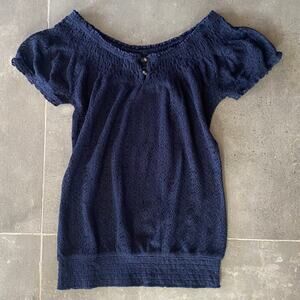 Lucky Brand S Dark Blue Crochet Knit Smocked Neckline Babydoll Top‎